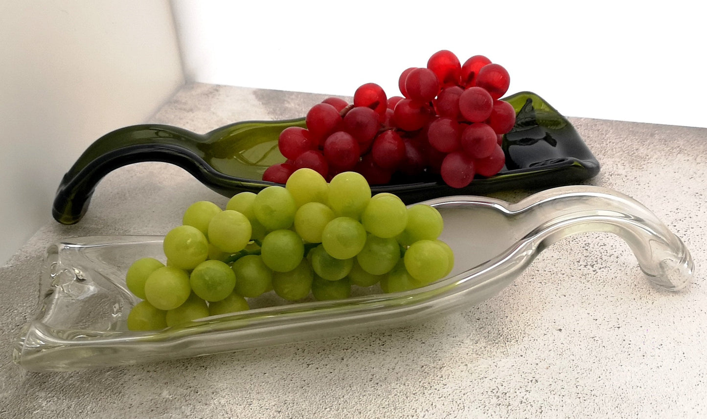 Handmade fused glass Recycled Wine Bottle Dish with curved handle. Squashed, slumped bottle serving plate. Eco gift, zero waste, reclaimed, upcycled glass bowl.