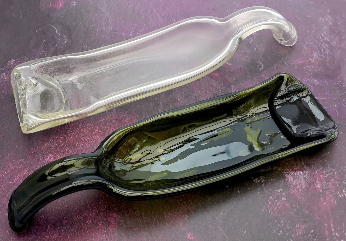 Handmade fused glass Recycled Wine Bottle Dish with curved handle. Squashed, slumped bottle serving plate. Eco gift, zero waste, reclaimed, upcycled glass bowl.