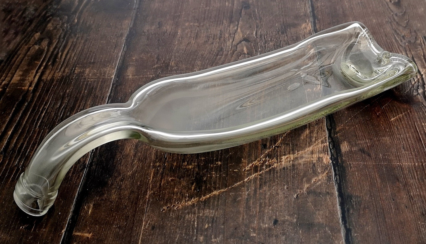 Handmade fused glass Recycled Wine Bottle Dish with curved handle. Squashed, slumped bottle serving plate. Eco gift, zero waste, reclaimed, upcycled glass bowl.