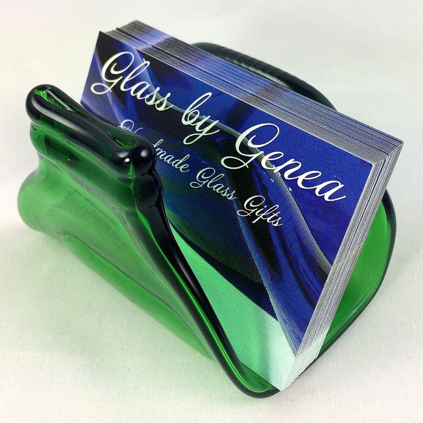 Handmade fused glass Recycled Stubby Beer Bottle Business Card Holder. Squashed, slumped bottle display stand. Eco gift, zero waste, reclaimed, upcycled glass storage.