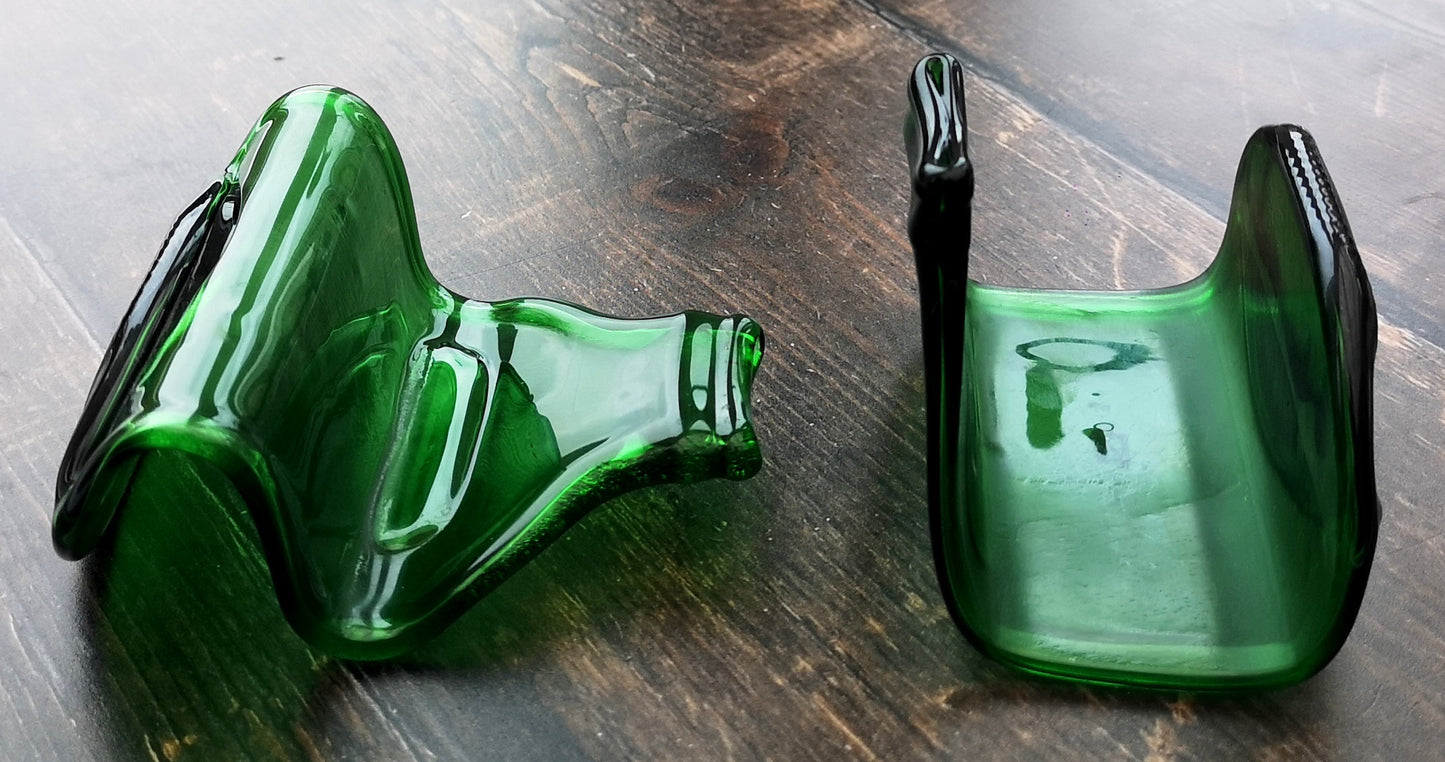 Handmade fused glass Recycled Stubby Beer Bottle Business Card Holder. Squashed, slumped bottle display stand. Eco gift, zero waste, reclaimed, upcycled glass storage.