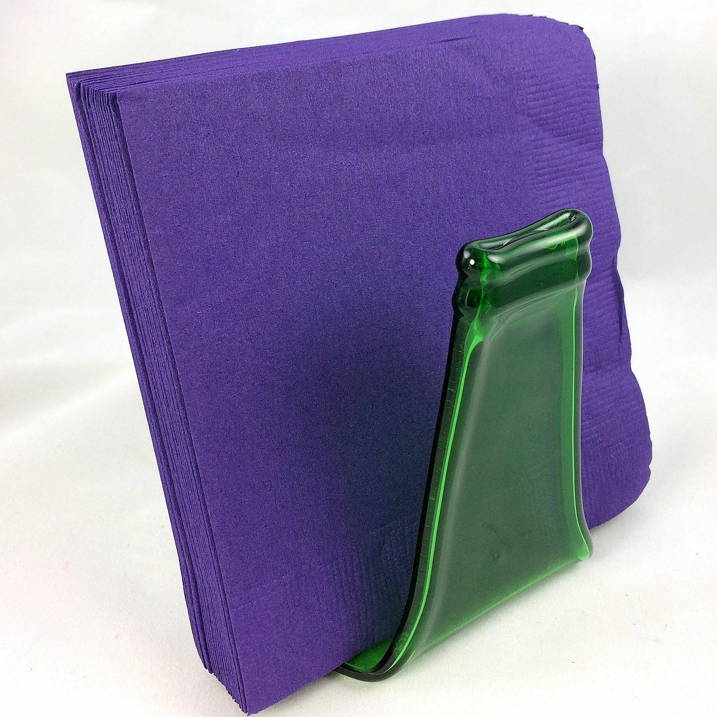 Handmade fused glass Recycled Beer Bottle Napkin Holder. Squashed, slumped bottle tissue serviette dispenser. Eco gift, zero waste, reclaimed, upcycled glass storage.