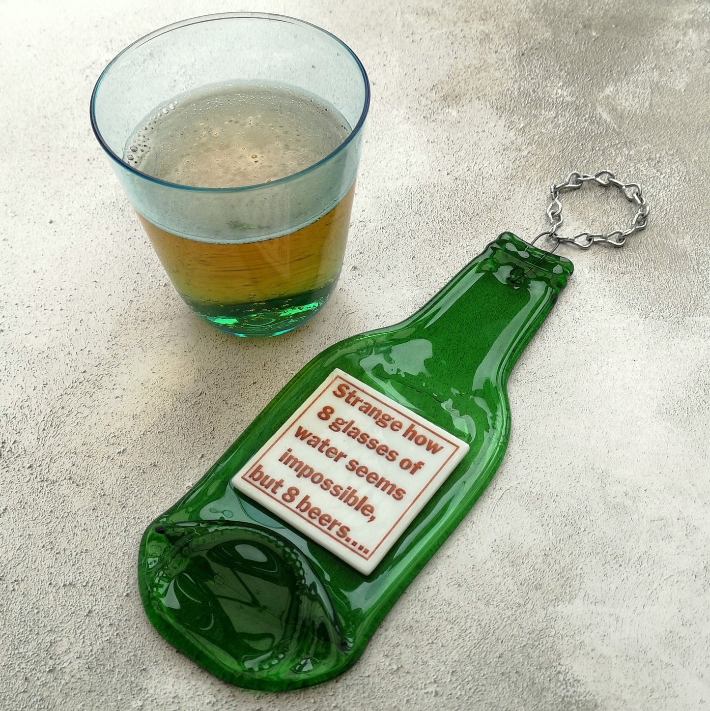 Handmade fused glass Recycled Wine / Beer Bottle Humorous Quotes. Hanging flattened slumped bottle. Eco gift zero waste reclaimed upcycled funny phrases.