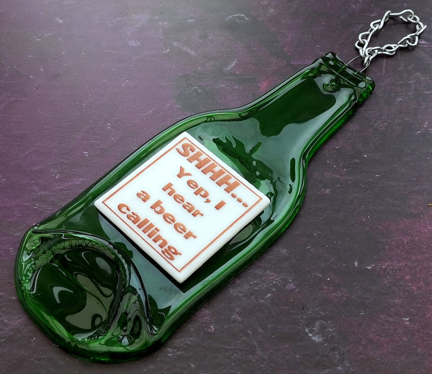 Handmade fused glass Recycled Wine / Beer Bottle Humorous Quotes. Hanging flattened slumped bottle. Eco gift zero waste reclaimed upcycled funny phrases.