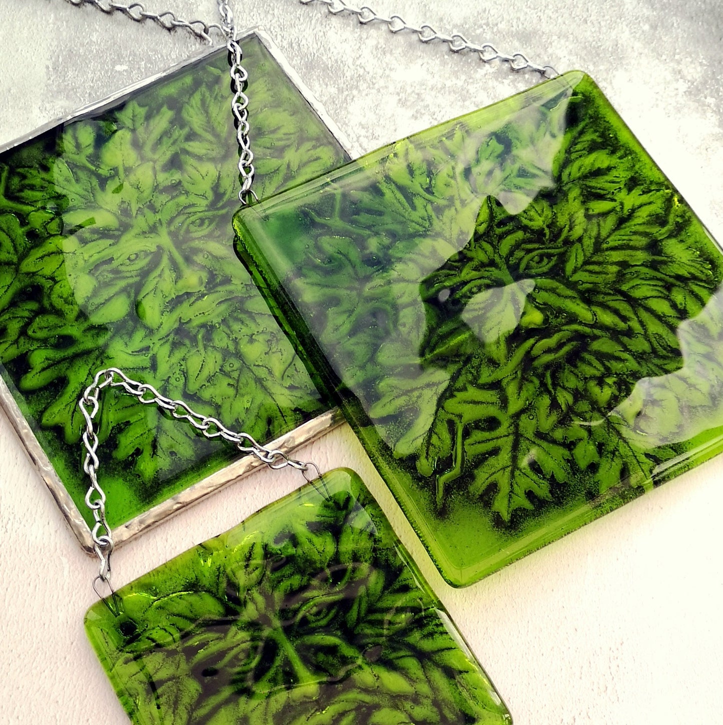 Handmade fused glass Greenman face hanging picture. Leaf man suncatcher, green glass tile plaque. Man of the woods wall art. Nature lover gift. Pagan gift.