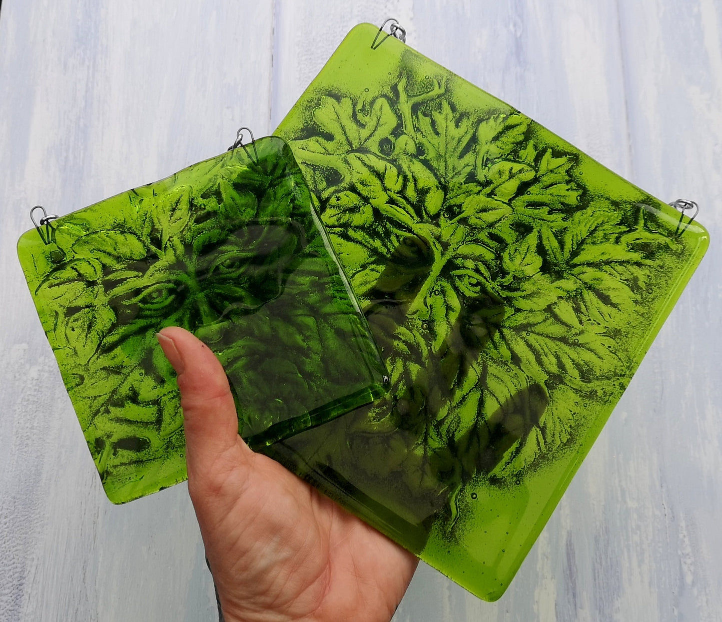 Handmade fused glass Greenman face hanging picture. Leaf man suncatcher, green glass tile plaque. Man of the woods wall art. Nature lover gift. Pagan gift.
