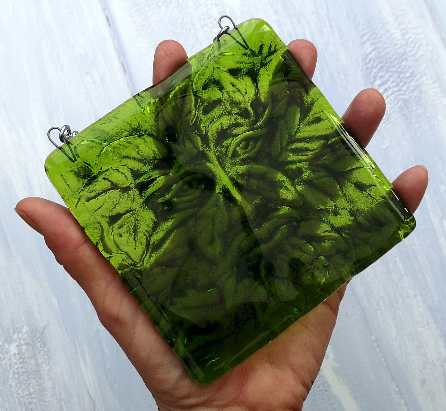 Handmade fused glass Greenman face hanging picture. Leaf man suncatcher, green glass tile plaque. Man of the woods wall art. Nature lover gift. Pagan gift.