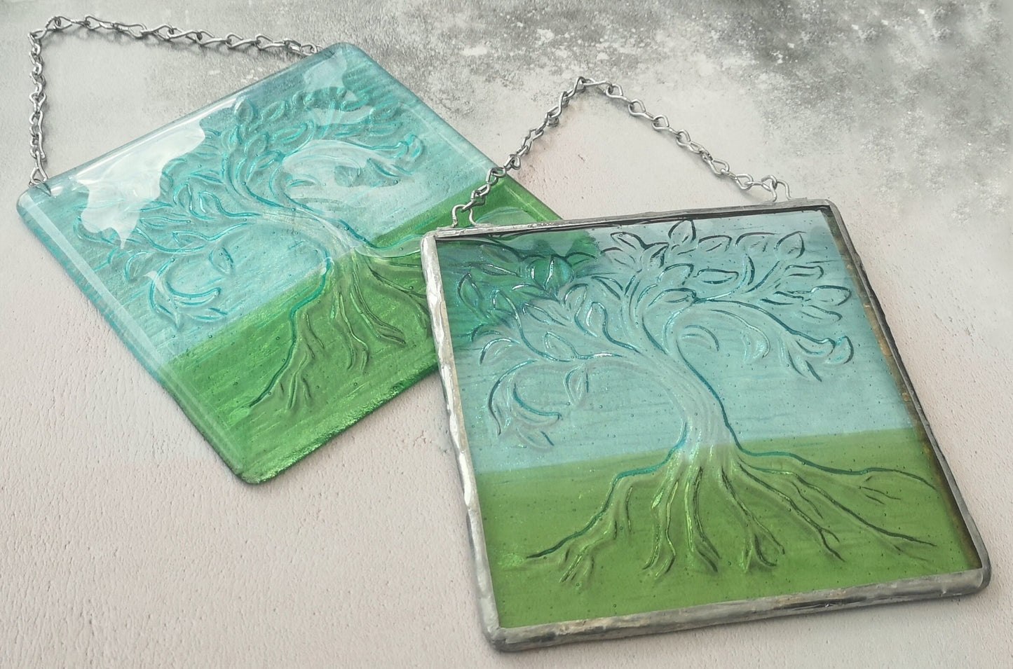 Handmade fused glass Tree Of Life hanging picture. Wall plaque suncatcher, nature. Iridised glass, sacred tree light catcher.
