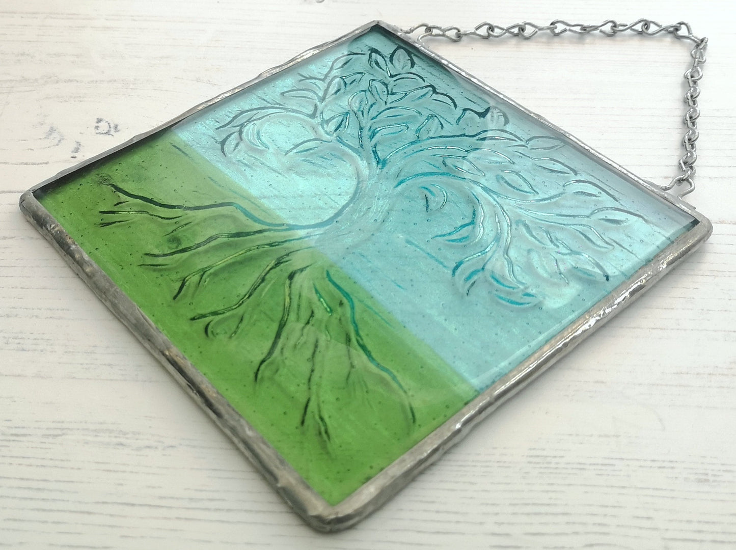 Handmade fused glass Tree Of Life hanging picture. Wall plaque suncatcher, nature. Iridised glass, sacred tree light catcher.