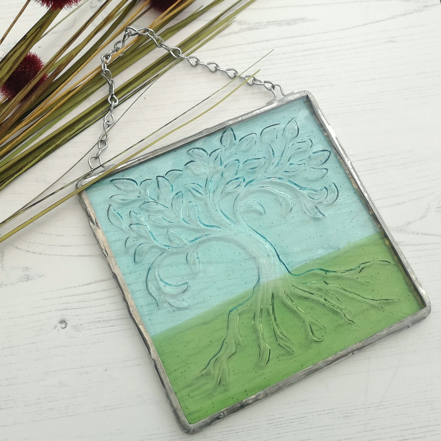 Handmade fused glass Tree Of Life hanging picture. Wall plaque suncatcher, nature. Iridised glass, sacred tree light catcher.