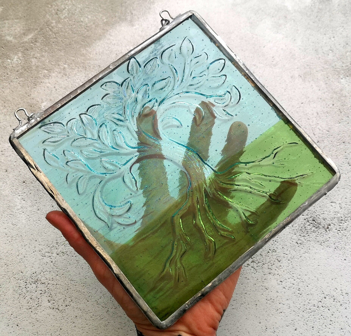 Handmade fused glass Tree Of Life hanging picture. Wall plaque suncatcher, nature. Iridised glass, sacred tree light catcher.