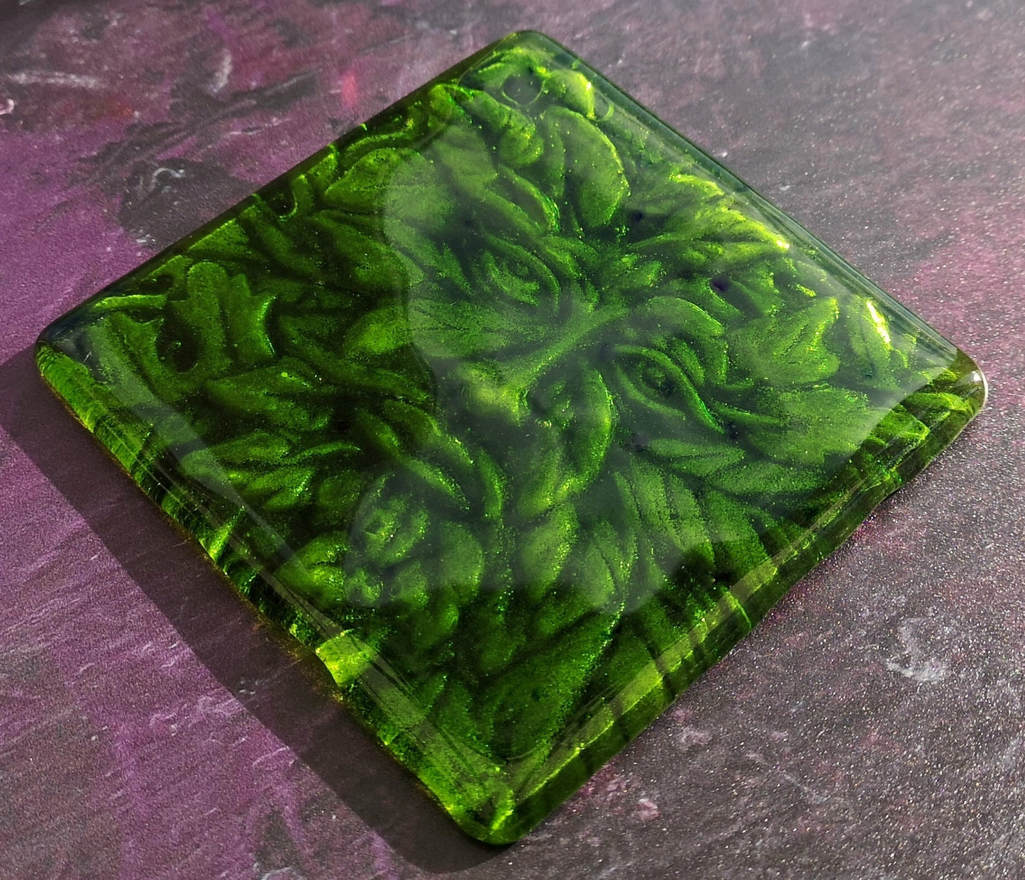 Handmade fused glass Greenman drinks coaster. Green man place mat. Leaf man, Greenman face, green glass tile. Man of the woods. Nature lover gift. Pagan gift.
