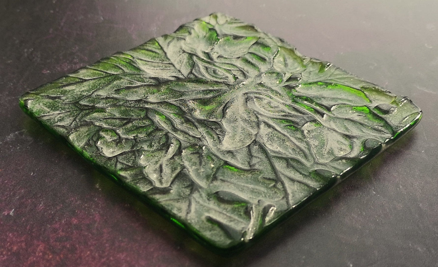Handmade fused glass Greenman drinks coaster. Green man place mat. Leaf man, Greenman face, green glass tile. Man of the woods. Nature lover gift. Pagan gift.