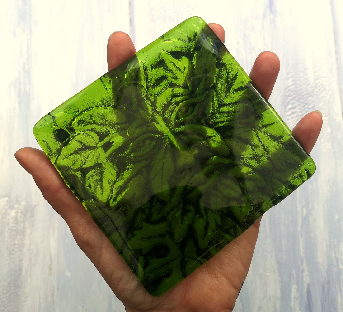 Handmade fused glass Greenman drinks coaster. Green man place mat. Leaf man, Greenman face, green glass tile. Man of the woods. Nature lover gift. Pagan gift.