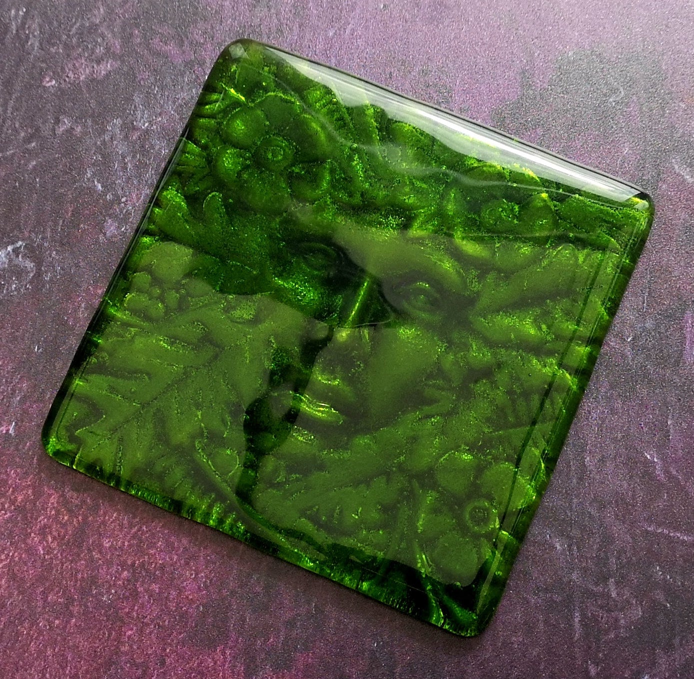 Handmade fused glass Lady Of The Woods drinks coaster. Green man face place mat. Leaf man, green woman glass tile. Nature lover gift. Pagan gift.