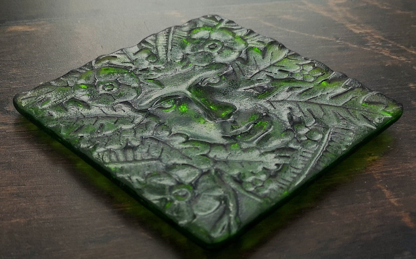 Handmade fused glass Lady Of The Woods drinks coaster. Green man face place mat. Leaf man, green woman glass tile. Nature lover gift. Pagan gift.