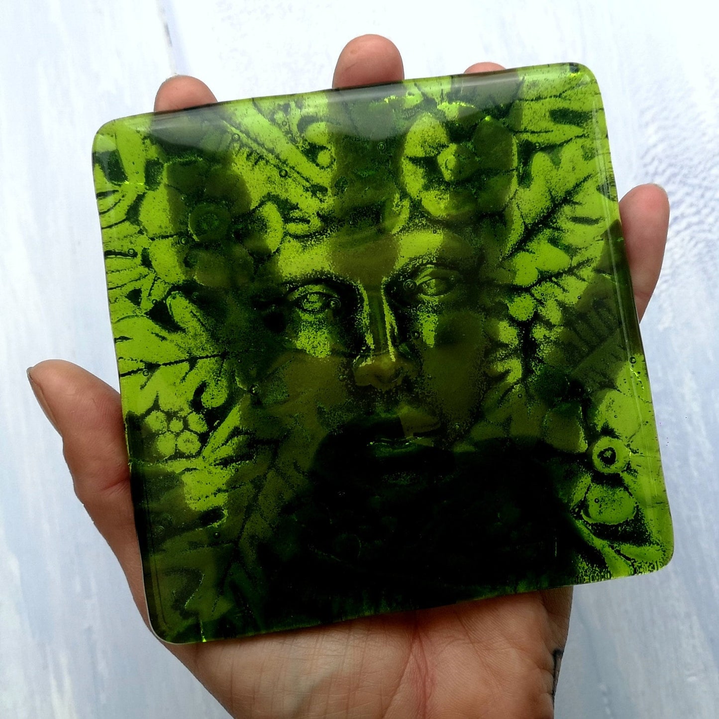 Handmade fused glass Lady Of The Woods drinks coaster. Green man face place mat. Leaf man, green woman glass tile. Nature lover gift. Pagan gift.