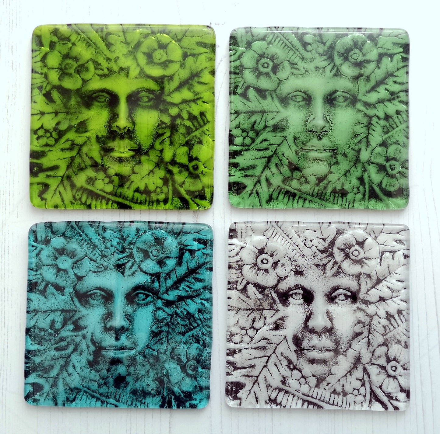 Handmade fused glass Lady Of The Woods drinks coaster. Green man face place mat. Leaf man, green woman glass tile. Nature lover gift. Pagan gift.