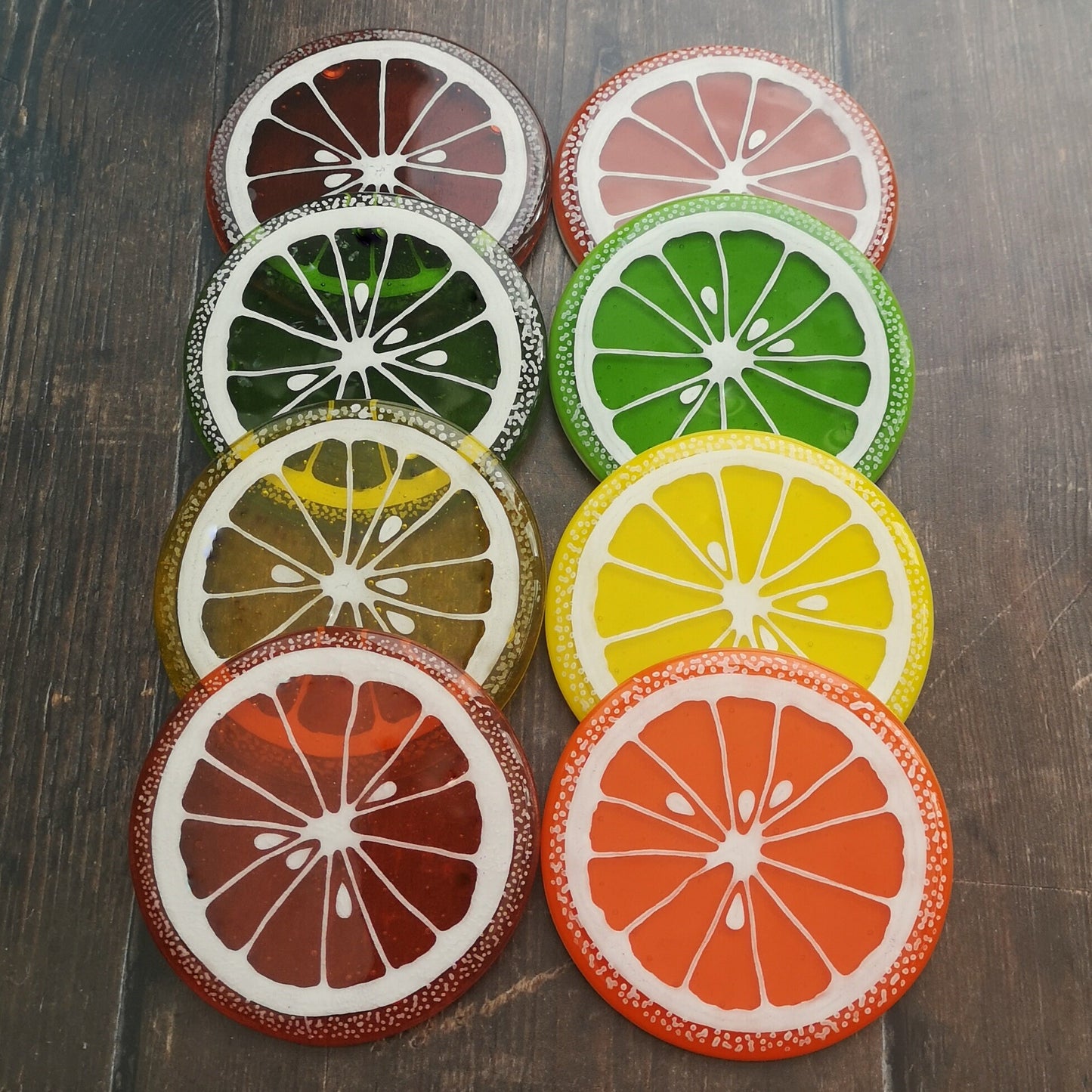 Handmade fused glass fruit slice drinks coaster, citrus fruit colourful glass tile, hot drink table mat. Fruity decor gift, wall tile. Hand painted design, home decoration, dining table protection.