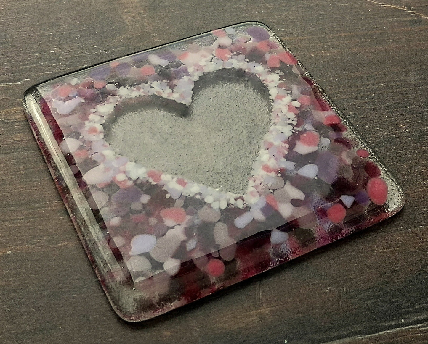 Handmade fused glass love heart drinks coaster, glass heart design wall tile. Pink, red home decoration, dining table protection. Valentine, romantic gift. Wedding present.