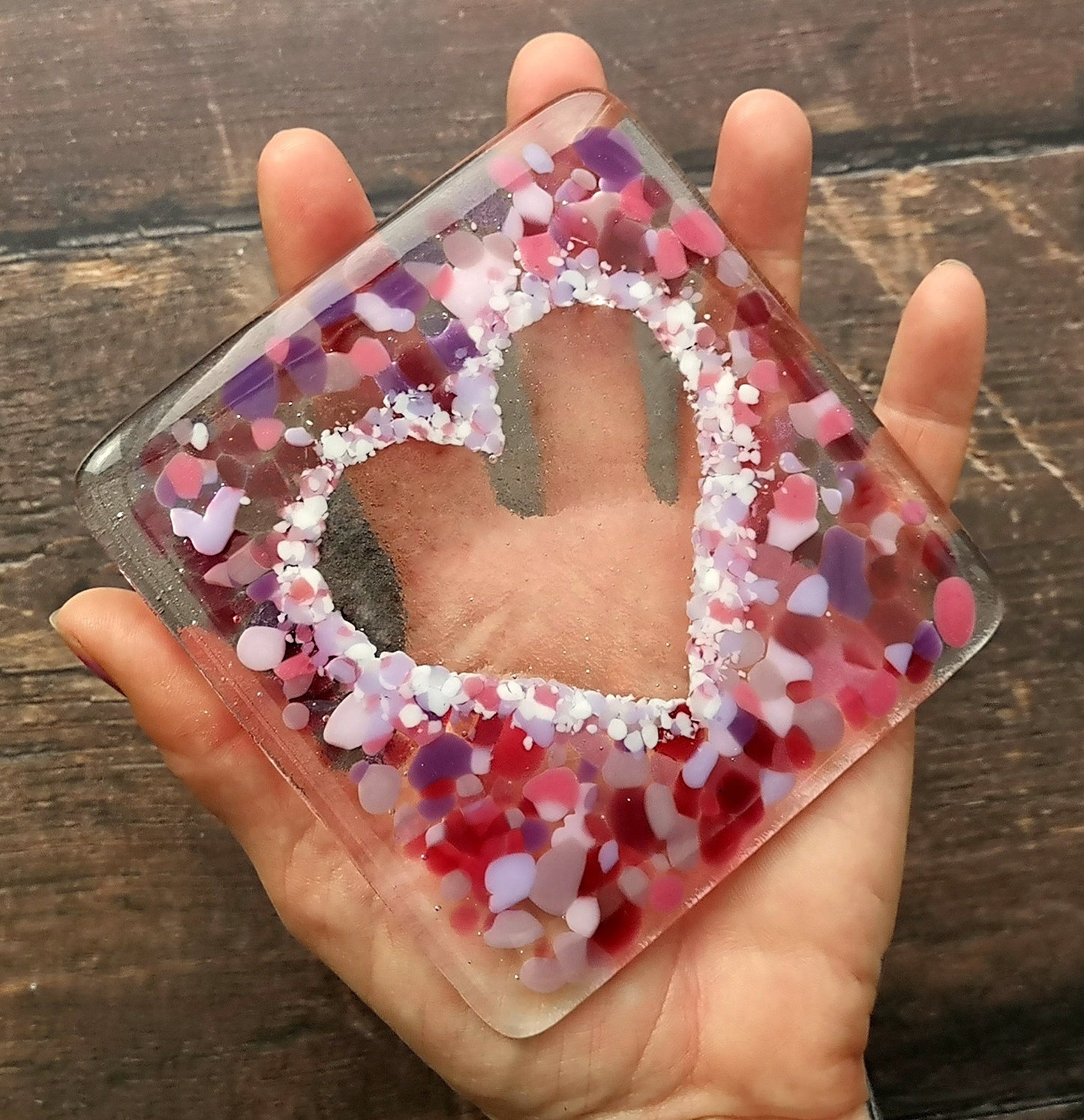 Handmade fused glass love heart drinks coaster, glass heart design wall tile. Pink, red home decoration, dining table protection. Valentine, romantic gift. Wedding present.