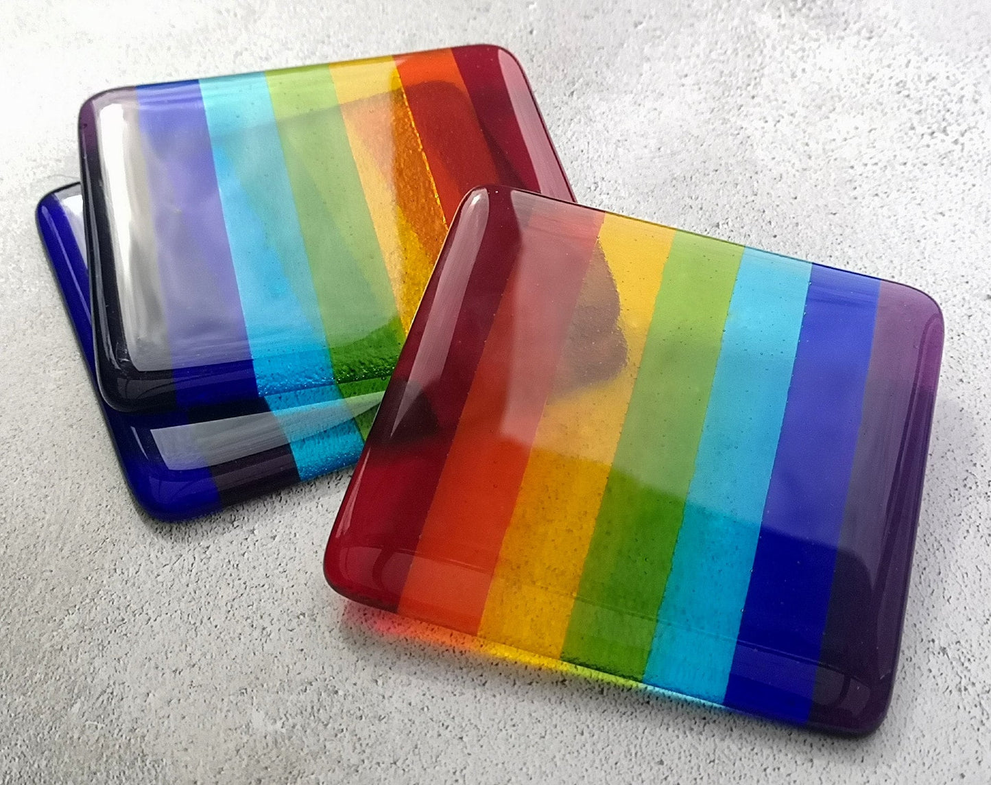 Handmade fused glass rainbow striped drinks coaster. Colourful glass wall tile. Hot drink table mat, rainbow decor, brightly coloured gift. Suncatcher multicoloured picture, home decoration, dining table protection.