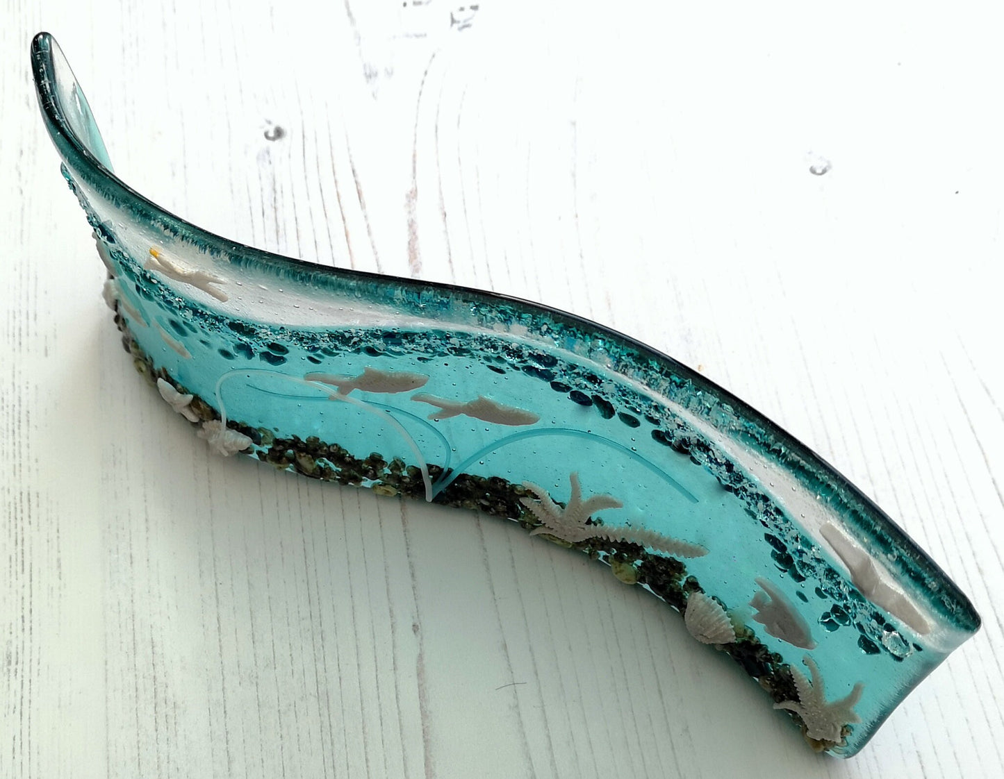 Handmade fused glass 3D Under The Sea free standing curved picture, suncatcher. Ocean art, nature, nautical gift decoration, glass fish, wave, sea shells.