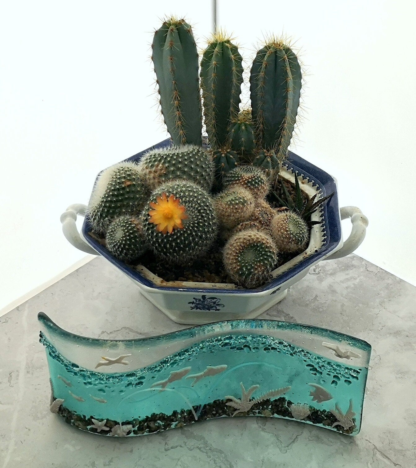 Handmade fused glass 3D Under The Sea free standing curved picture, suncatcher. Ocean art, nature, nautical gift decoration, glass fish, wave, sea shells.