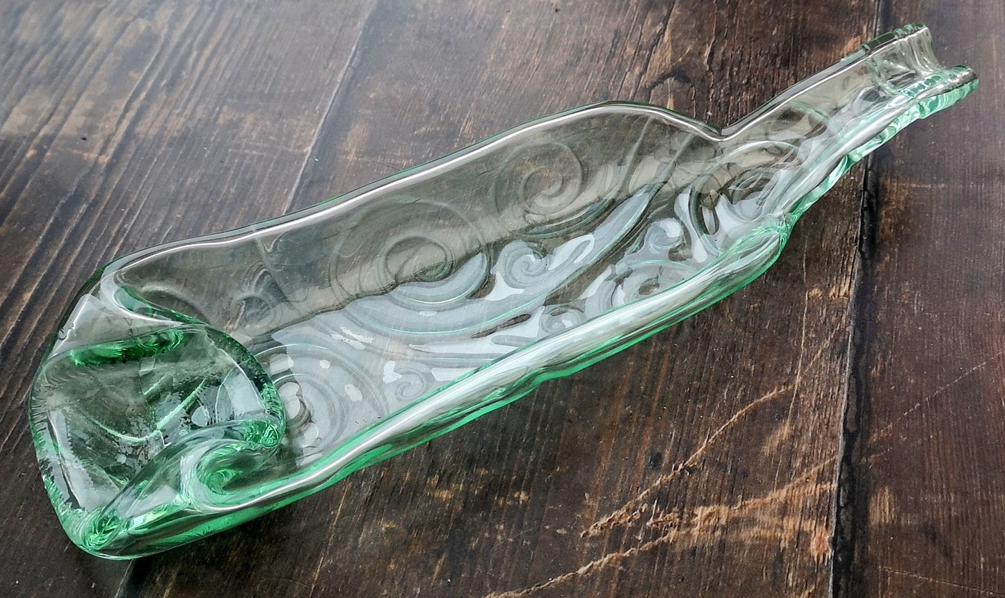 Handmade fused glass Recycled Wine Bottle Spiral Pattern Dish. Squashed Slumped Bottle Serving Plate - Eco Gift Zero Waste Reclaimed Upcycled - Spoon Rest.