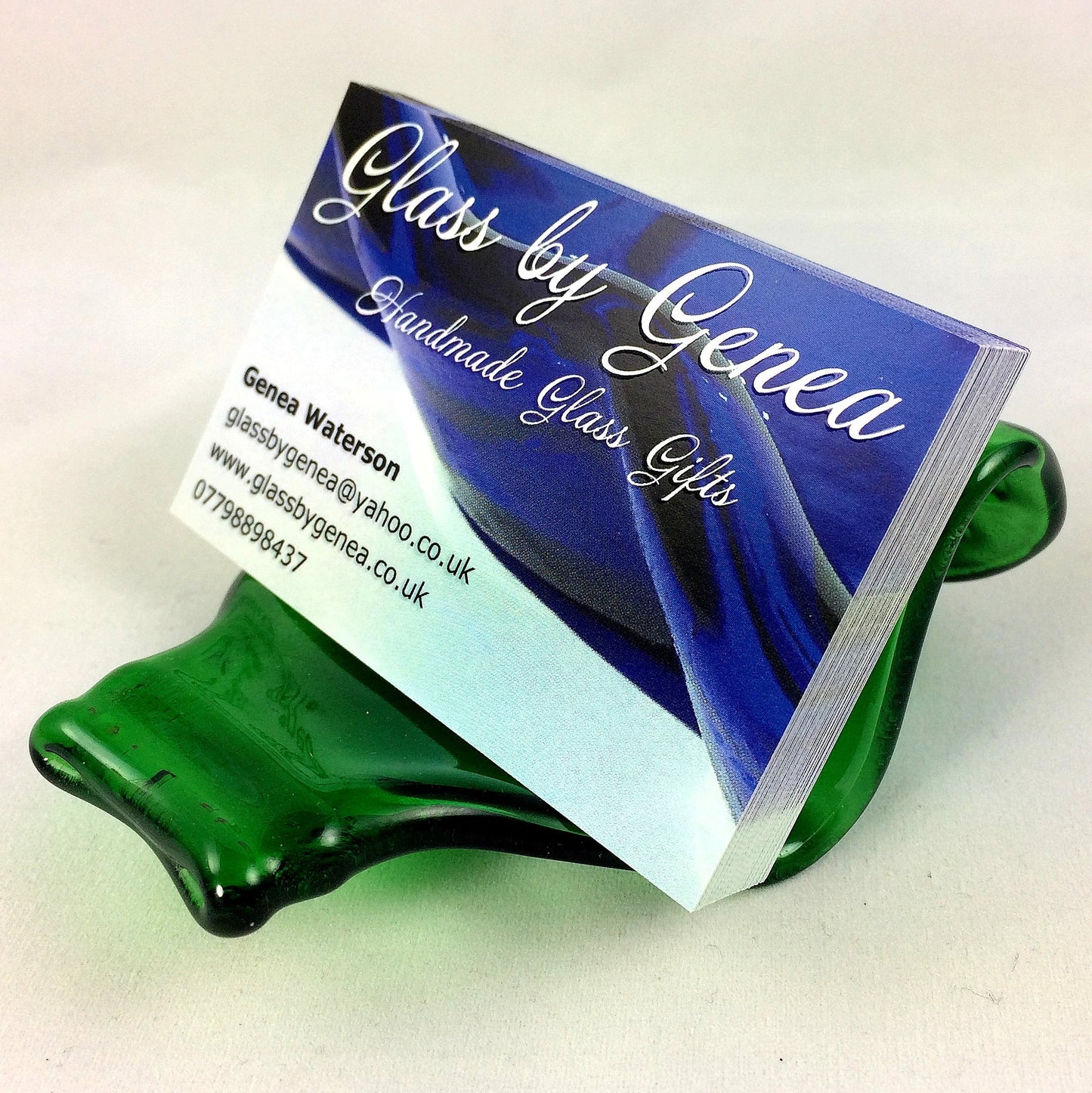 Handmade fused glass Recycled Stubby Beer Bottle Business Card Holder. Squashed, slumped bottle display stand. Eco gift, zero waste, reclaimed, upcycled glass storage.