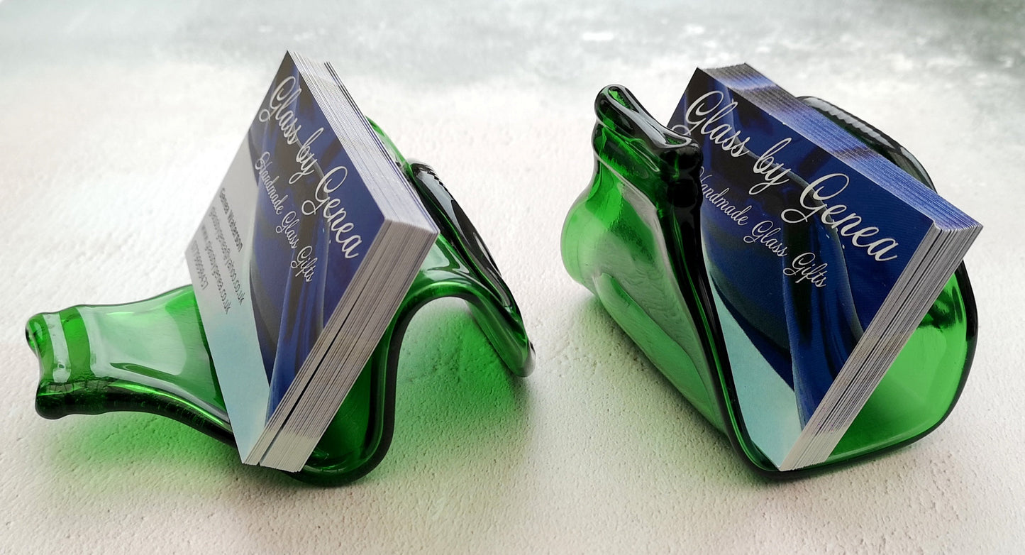 Handmade fused glass Recycled Stubby Beer Bottle Business Card Holder. Squashed, slumped bottle display stand. Eco gift, zero waste, reclaimed, upcycled glass storage.