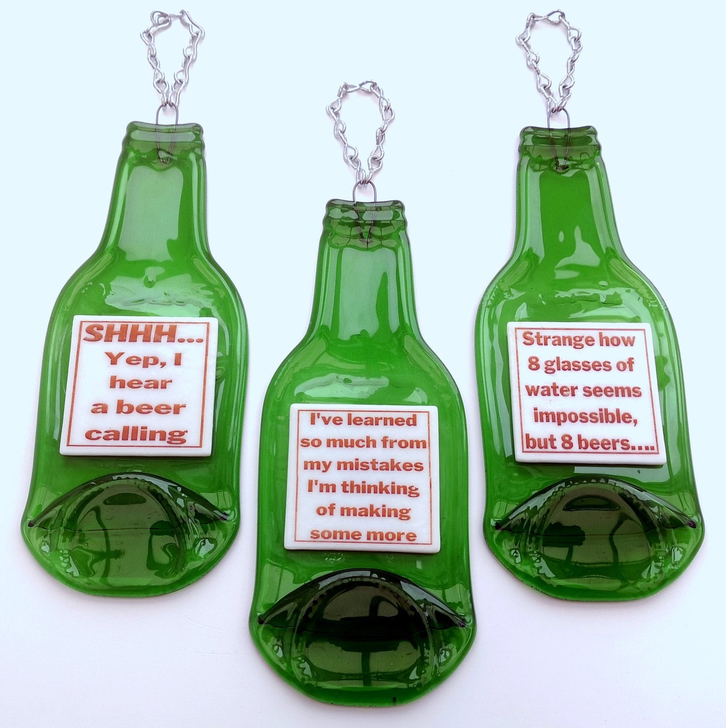 Handmade fused glass Recycled Wine / Beer Bottle Humorous Quotes. Hanging flattened slumped bottle. Eco gift zero waste reclaimed upcycled funny phrases.