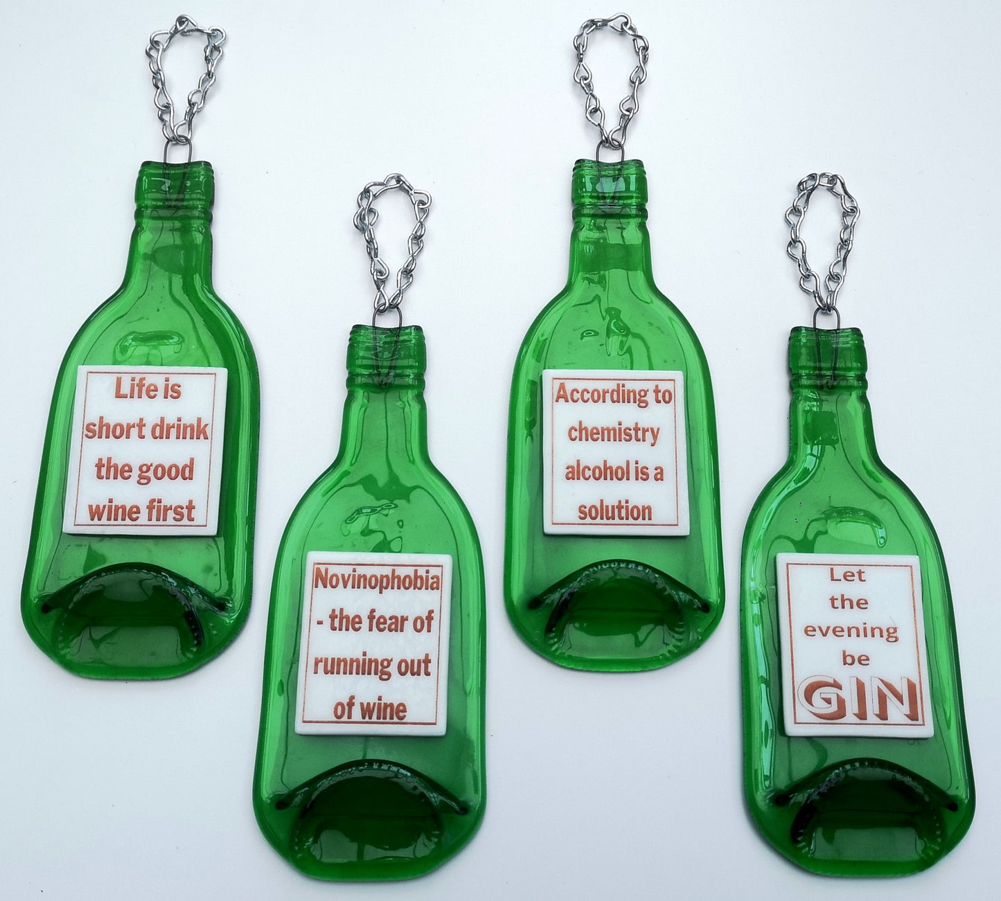 Handmade fused glass Recycled Wine / Beer Bottle Humorous Quotes. Hanging flattened slumped bottle. Eco gift zero waste reclaimed upcycled funny phrases.