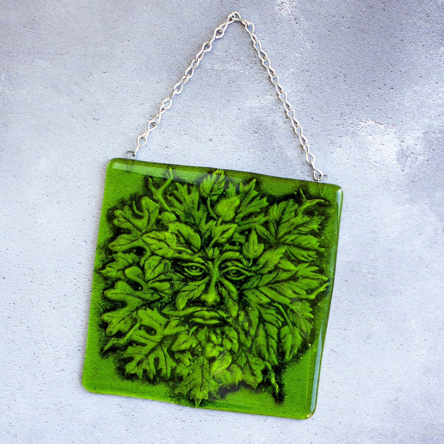 Handmade fused glass Greenman face hanging picture. Leaf man suncatcher, green glass tile plaque. Man of the woods wall art. Nature lover gift. Pagan gift.