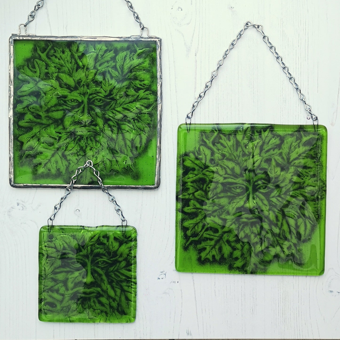 Handmade fused glass Greenman face hanging picture. Leaf man suncatcher, green glass tile plaque. Man of the woods wall art. Nature lover gift. Pagan gift.