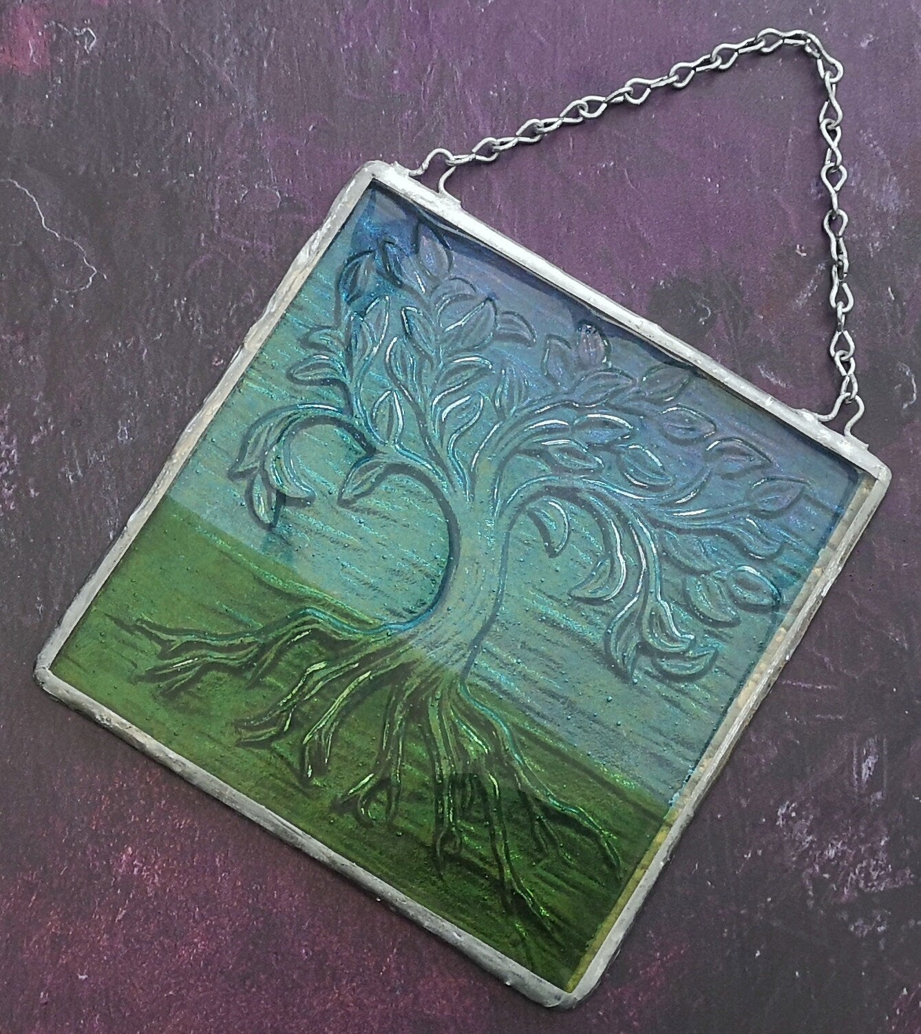 Handmade fused glass Tree Of Life hanging picture. Wall plaque suncatcher, nature. Iridised glass, sacred tree light catcher.
