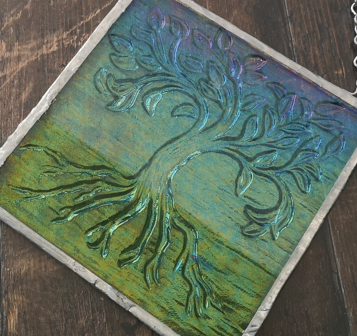 Handmade fused glass Tree Of Life hanging picture. Wall plaque suncatcher, nature. Iridised glass, sacred tree light catcher.