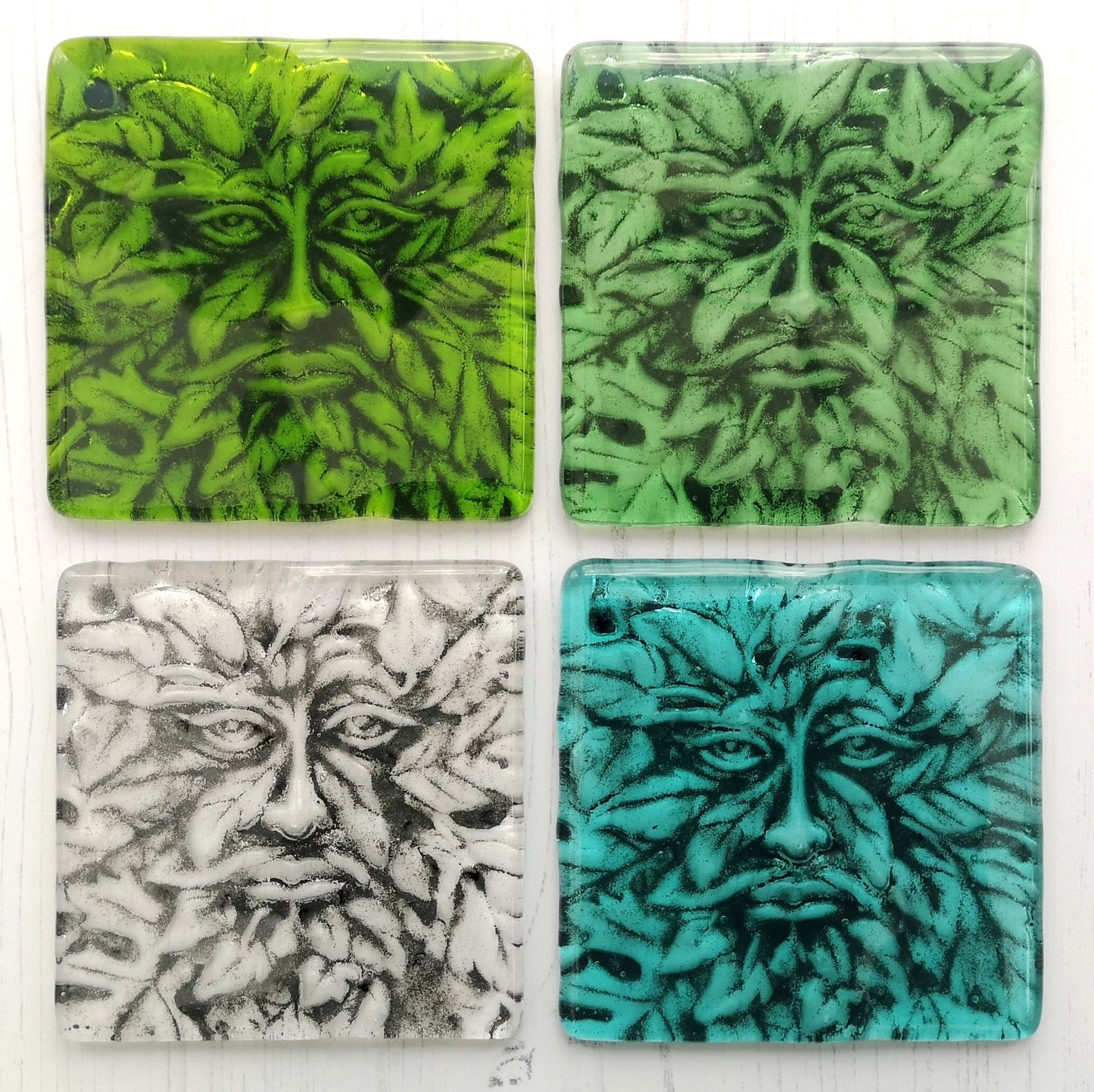 Handmade fused glass Greenman drinks coaster. Green man place mat. Leaf man, Greenman face, green glass tile. Man of the woods. Nature lover gift. Pagan gift.