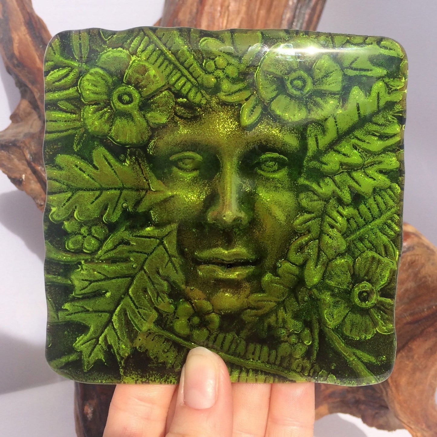 Handmade fused glass Lady Of The Woods drinks coaster. Green man face place mat. Leaf man, green woman glass tile. Nature lover gift. Pagan gift.