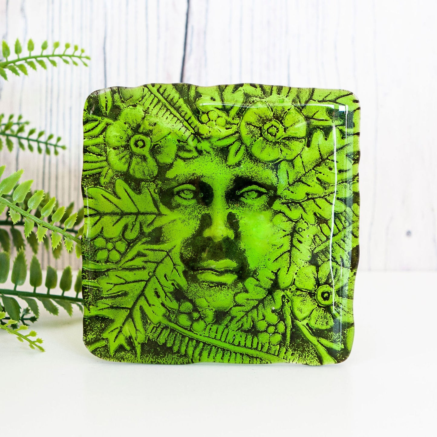 Handmade fused glass Lady Of The Woods drinks coaster. Green man face place mat. Leaf man, green woman glass tile. Nature lover gift. Pagan gift.