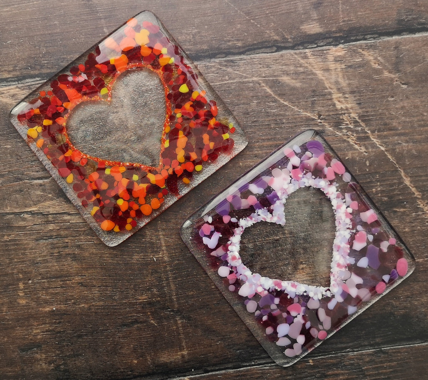 Handmade fused glass love heart drinks coaster, glass heart design wall tile. Pink, red home decoration, dining table protection. Valentine, romantic gift. Wedding present.
