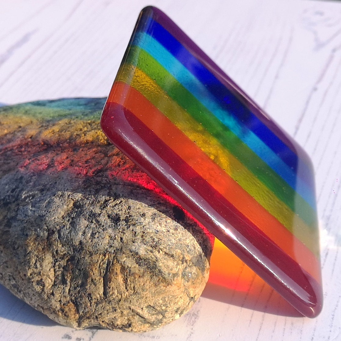 Handmade fused glass rainbow striped drinks coaster. Colourful glass wall tile. Hot drink table mat, rainbow decor, brightly coloured gift. Suncatcher multicoloured picture, home decoration, dining table protection.