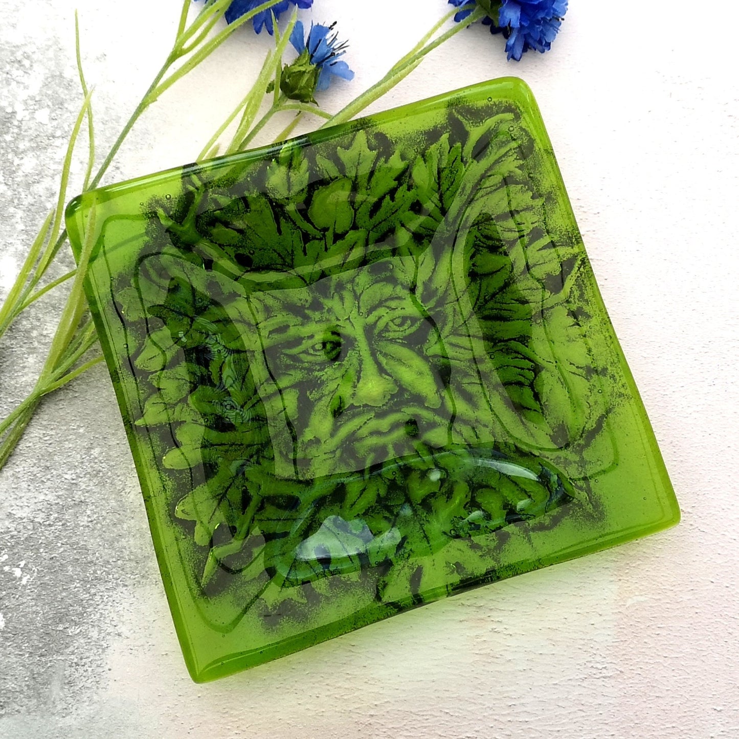 Handmade fused glass Greenman face square bowl. Leaf Man decorative dish, serving plate. Man of the woods ashtray. Nature lover gift. Pagan gift.