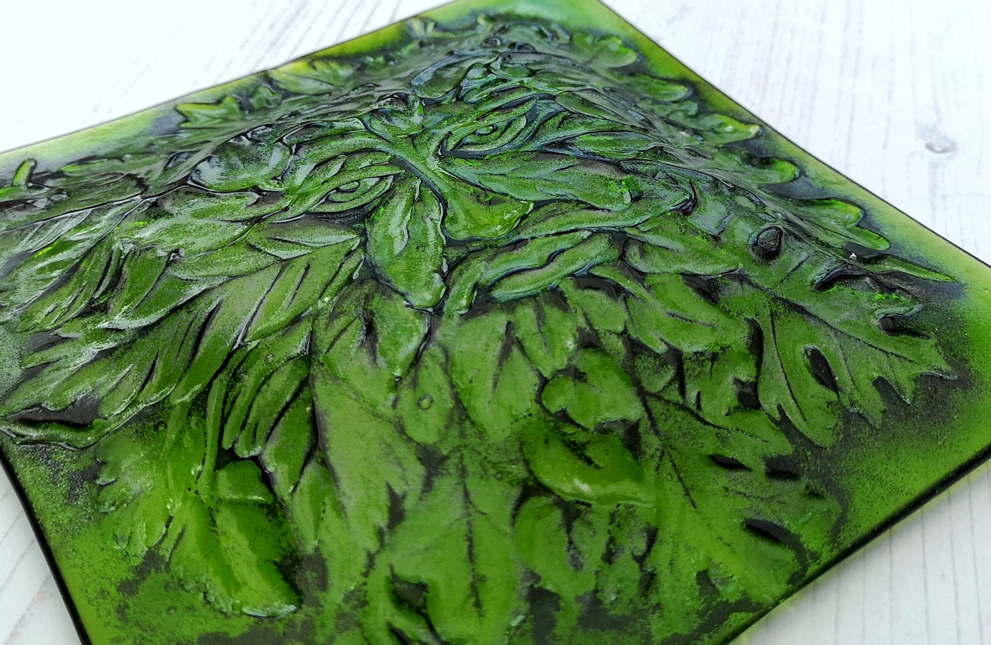 Handmade fused glass Greenman face square bowl. Leaf Man decorative dish, serving plate. Man of the woods ashtray. Nature lover gift. Pagan gift.