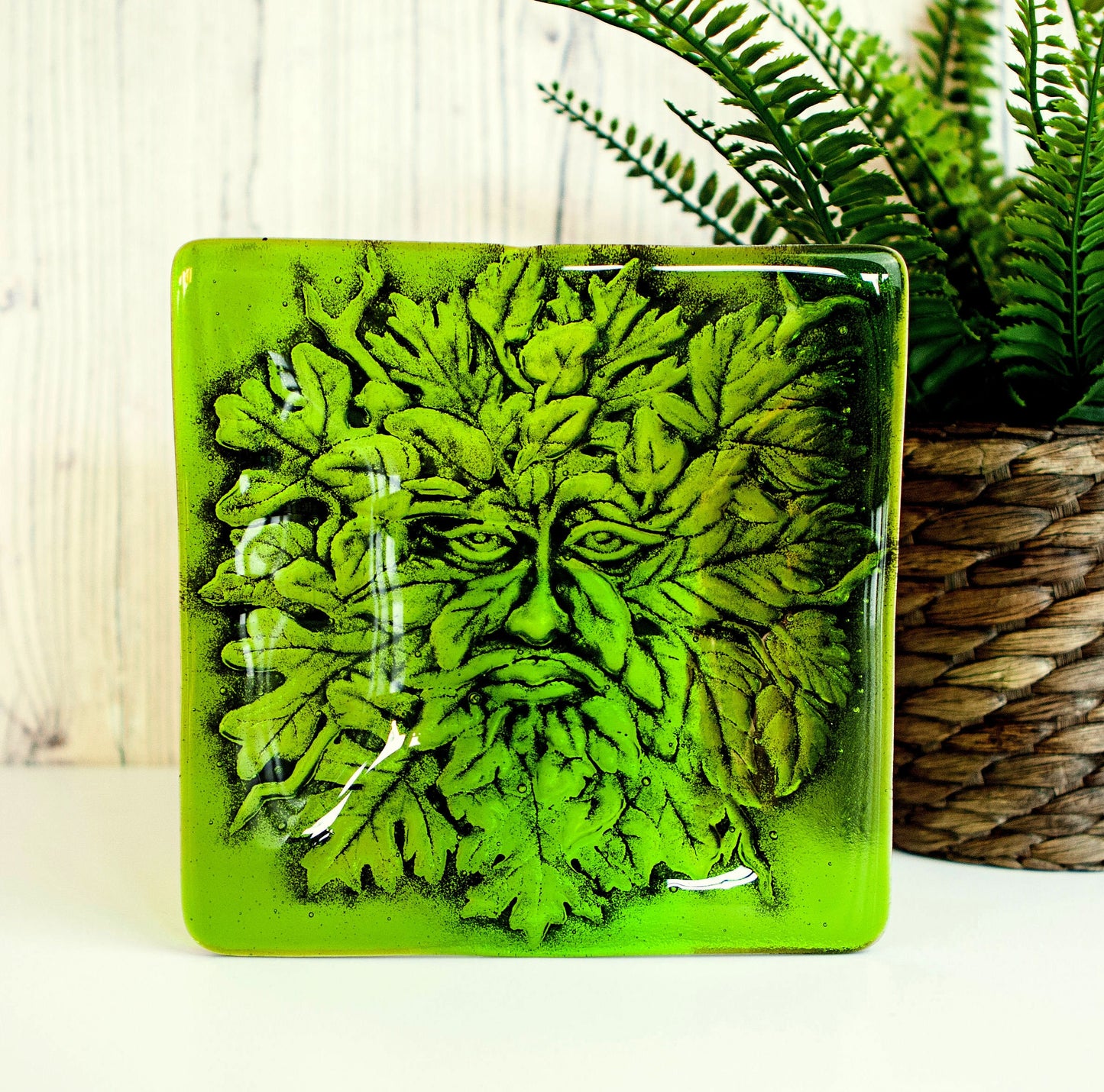 Handmade fused glass Greenman face square bowl. Leaf Man decorative dish, serving plate. Man of the woods ashtray. Nature lover gift. Pagan gift.
