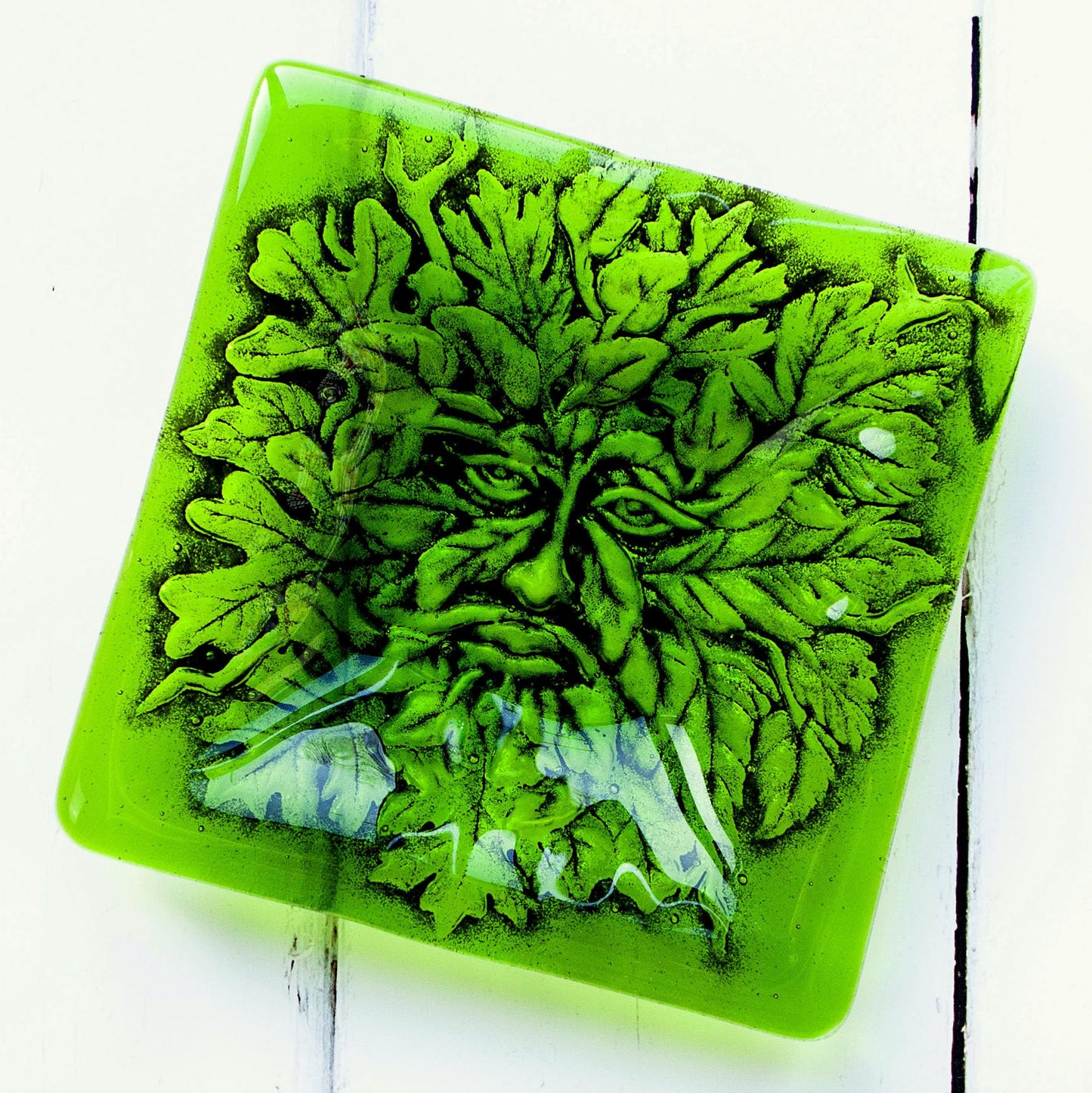 Handmade fused glass Greenman face square bowl. Leaf Man decorative dish, serving plate. Man of the woods ashtray. Nature lover gift. Pagan gift.