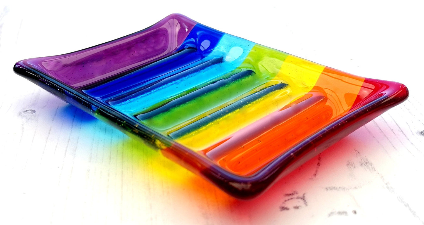 Handmade fused glass soap dish with rainbow colours. Rainbow striped colourful glass soap holder. Brightly Coloured Gift.