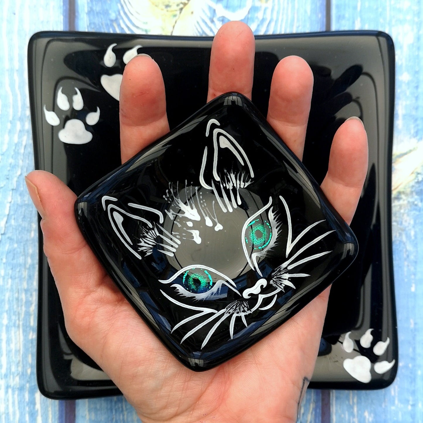 Handmade fused glass cat face bowls, with reflective dichroic glass eyes. Hand painted dish. Four different size serving plates. Cat lover Gift. Lucky black cat.