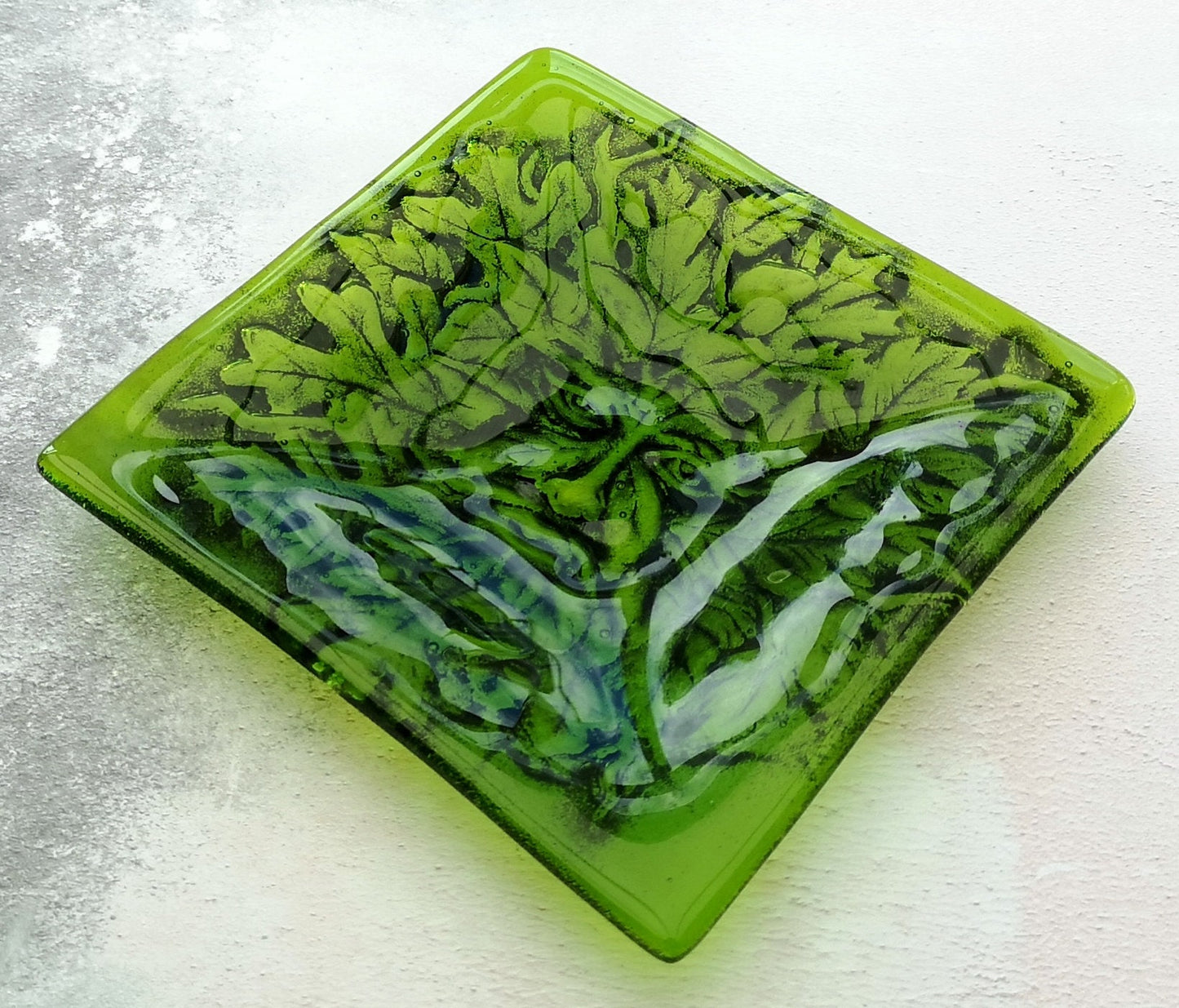 Handmade fused glass Greenman face square bowl. Leaf Man decorative dish, serving plate. Man of the woods ashtray. Nature lover gift. Pagan gift.