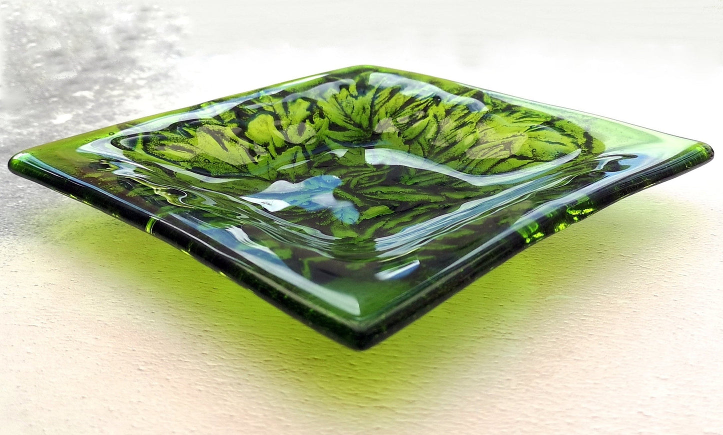 Handmade fused glass Greenman face square bowl. Leaf Man decorative dish, serving plate. Man of the woods ashtray. Nature lover gift. Pagan gift.